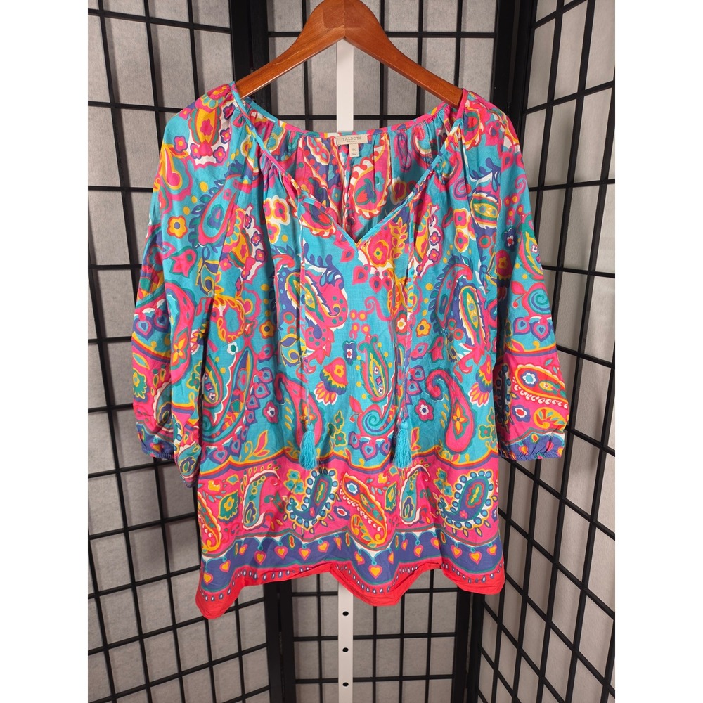 Talbots Plus 1X Cotton Paisley Peasant Blouse Turquoise Pink Tassel Top 01/23